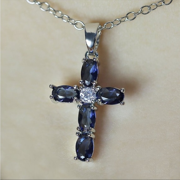 New Oval Royal Blue Sapphire Cross Necklace - Picture 3 of 4